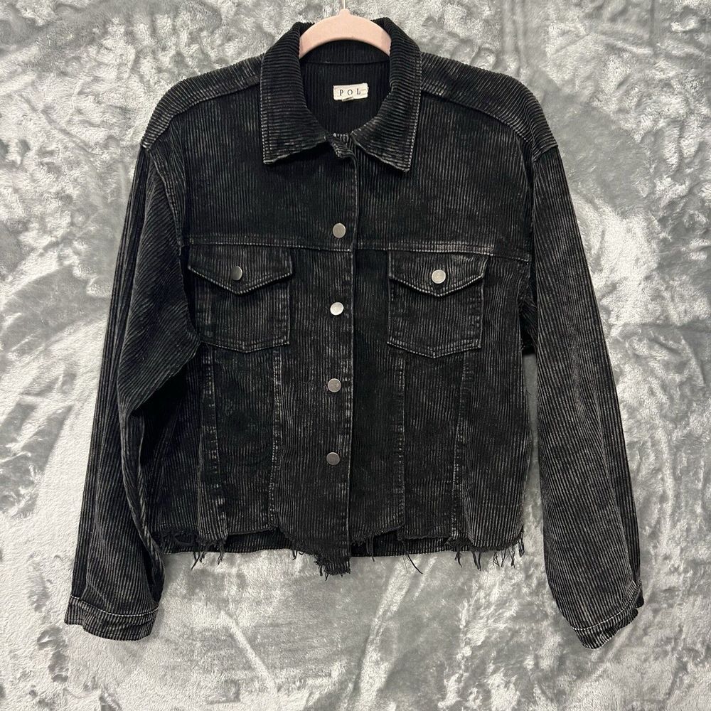 POL Anthropologie Black Corduroy Distressed Jacket Womens Medium Hanky Hem Cozy